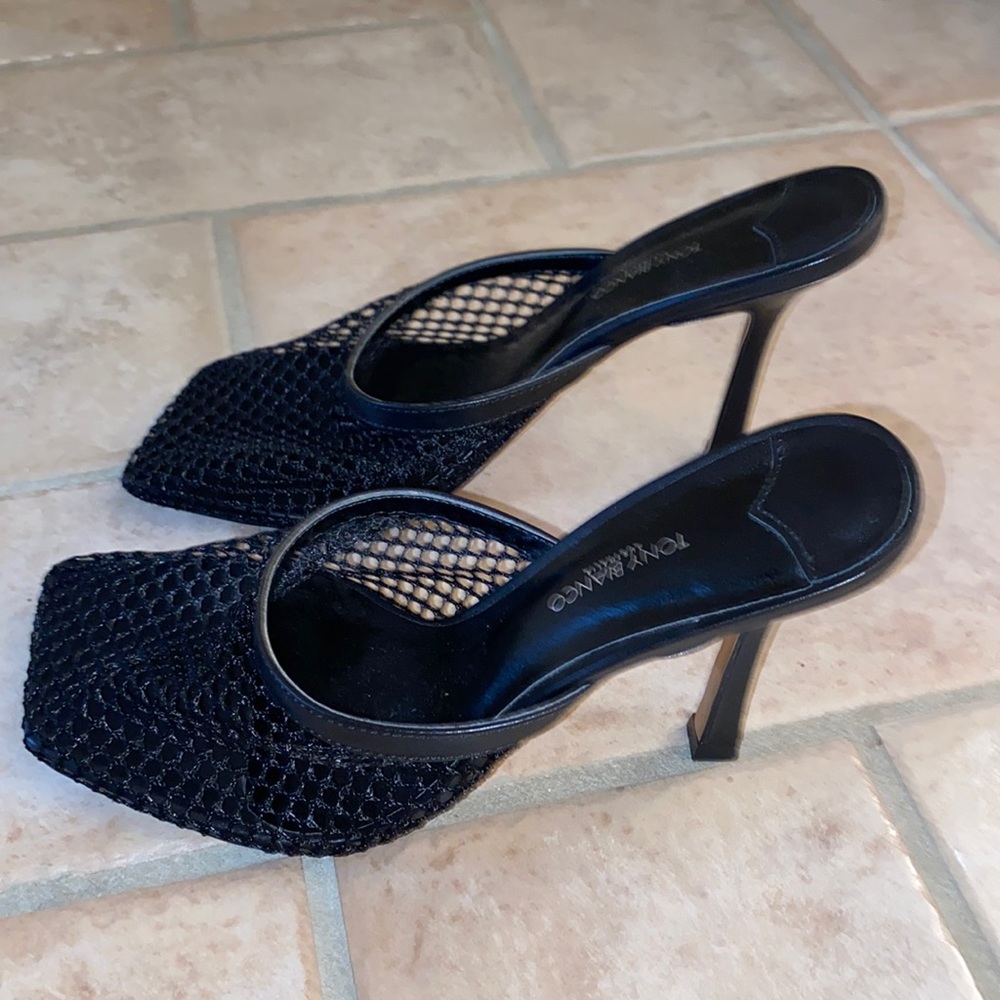 Tony Bianca net heels mules, size 8, black